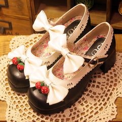 Japanese Lolita Strawberry Bells Bow Strap High-Heeled Shoes YV2148
