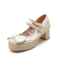 Harajuku Japanese Bow Lace Heart Strap Short Heels Shoes yv2146