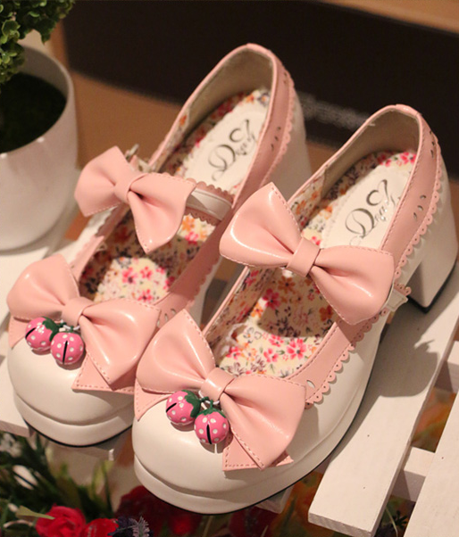 Japanese Lolita Strawberry Bells Bow Strap High-Heeled Shoes YV2148