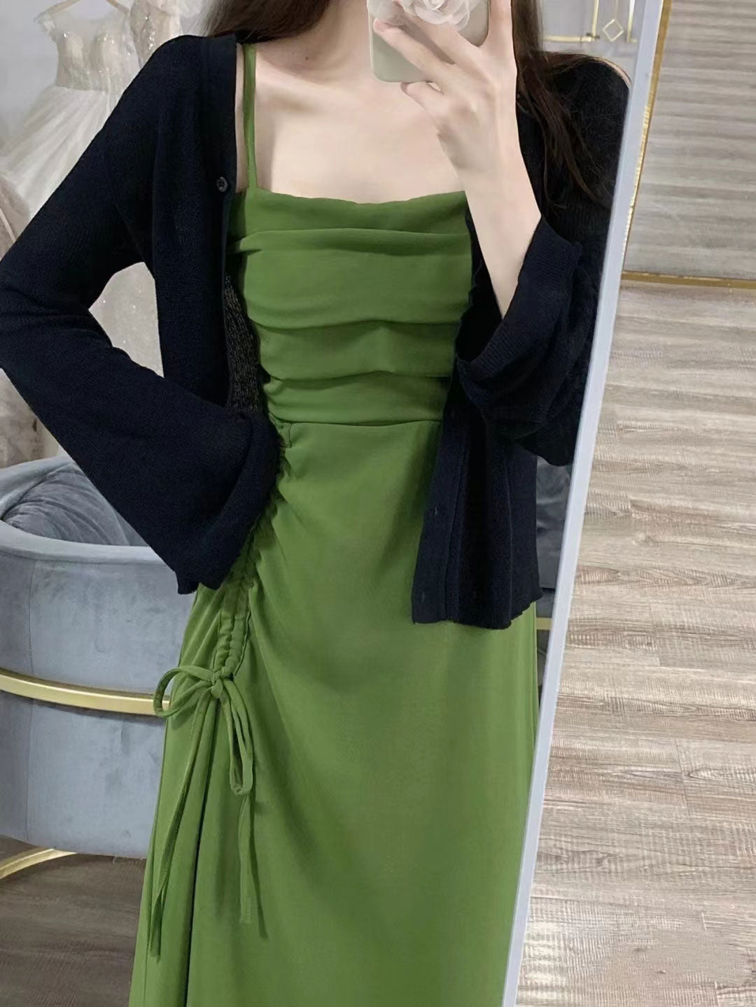 Green Dress + Black Cardigan Set yv31480