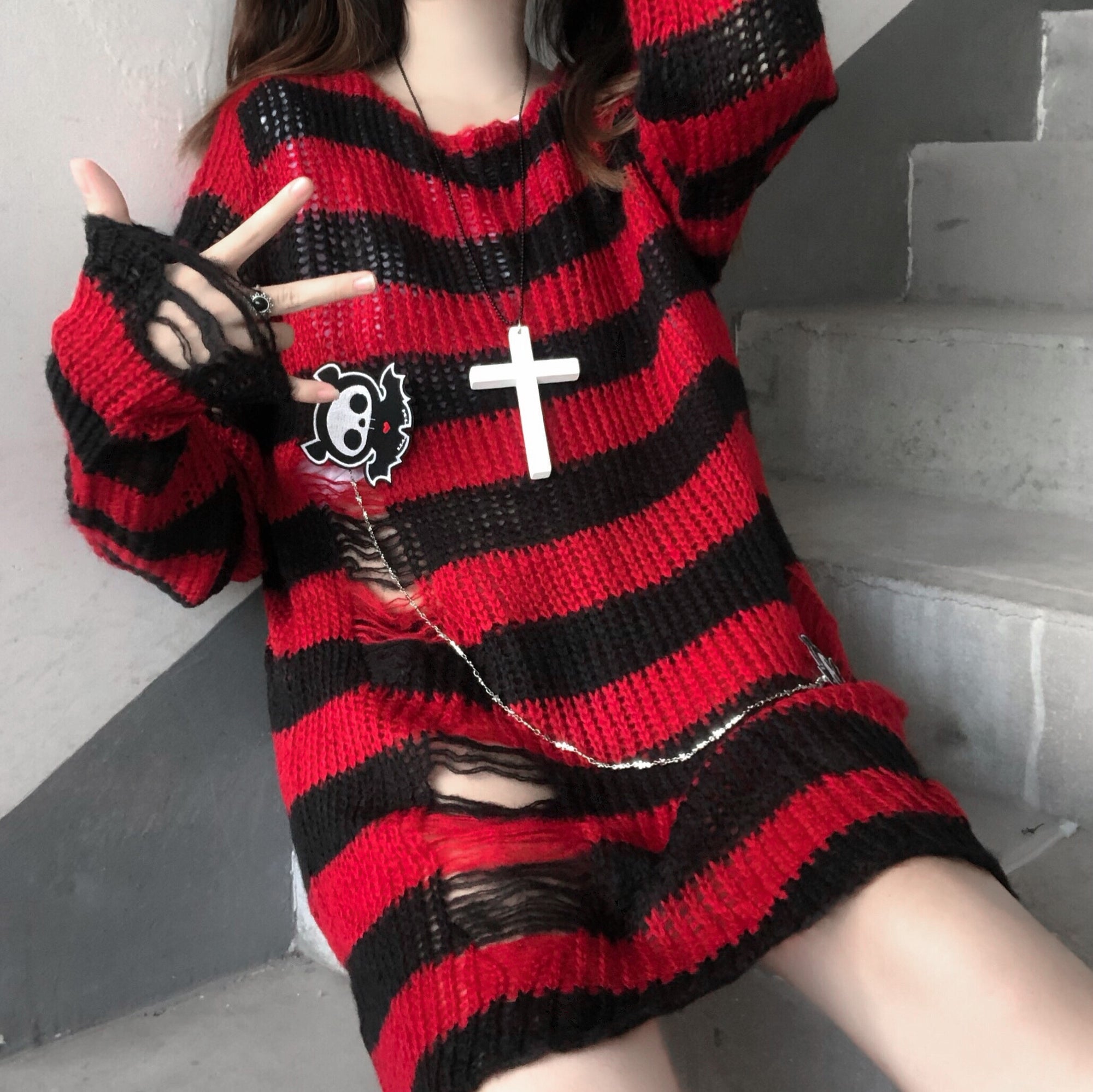 Punk hollow striped sweater yv31191